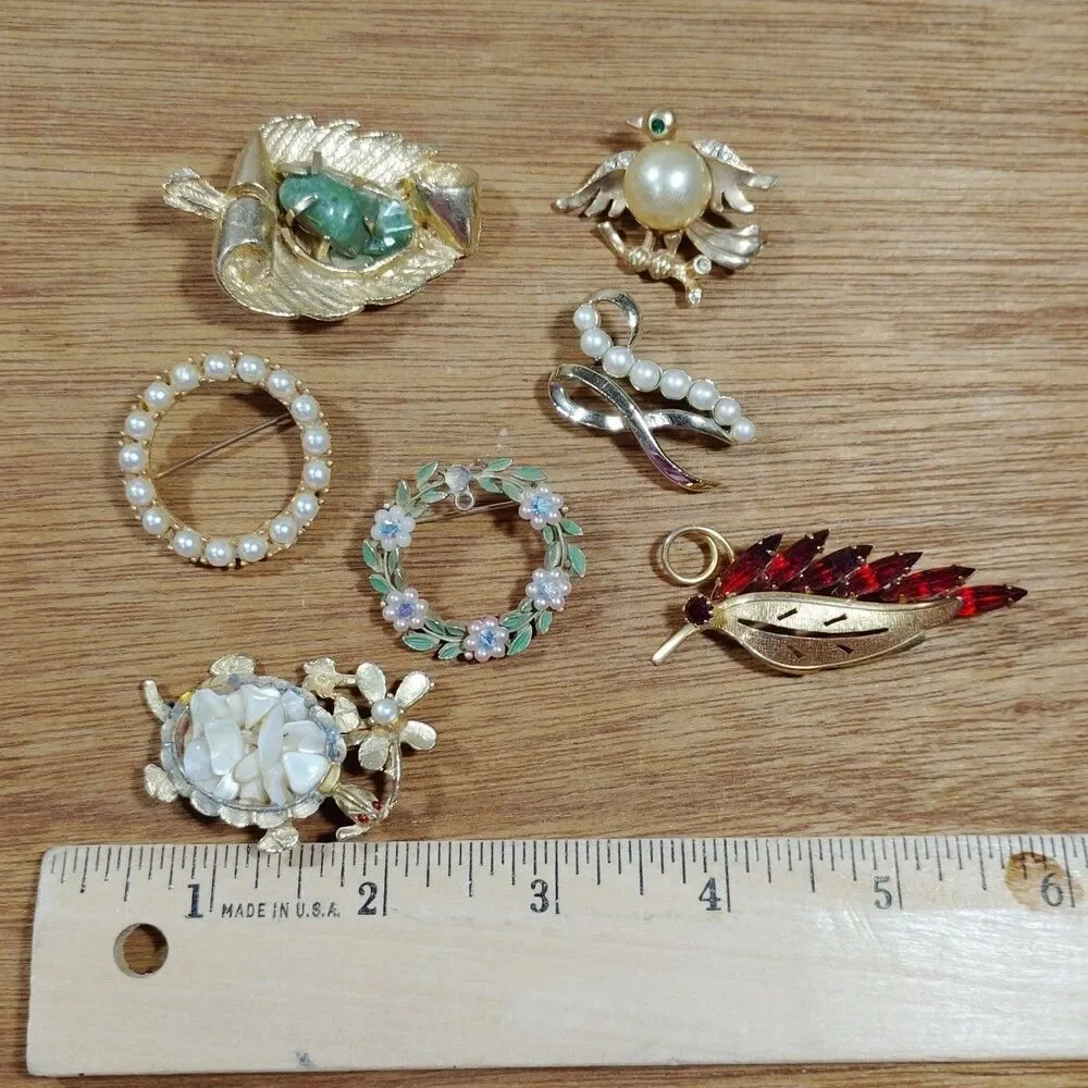 7 Vintage Floral Leaf Brooch Pins Metal Rhinestone Faux Pearl Multicolor Turtle